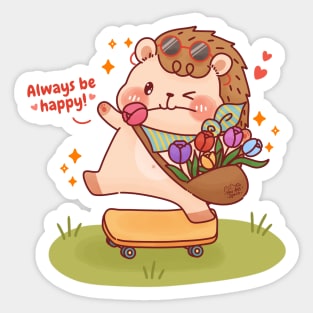 Hedgehog Brings Tulips Skateboarding in the Meadow Sticker